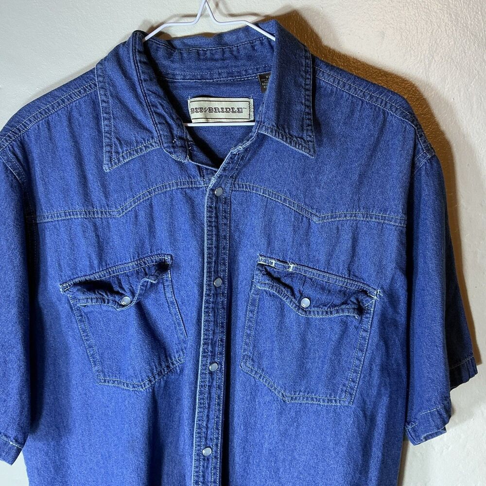Bit & Bridle Denim Shirt Mens XL Indigo Snap Pearl Short Sleeve Western Cowboy